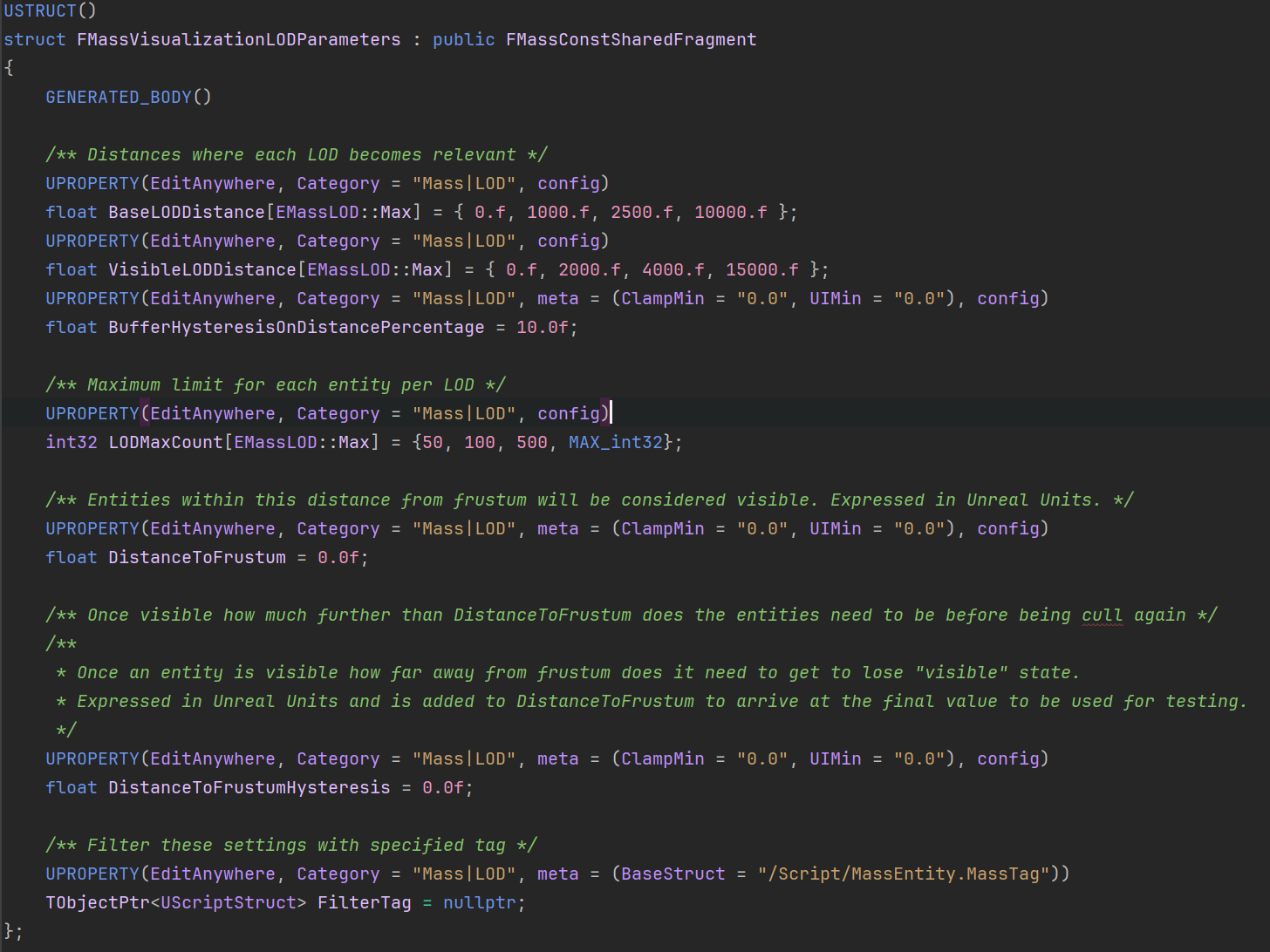 这个是FMassVisualizationLODParameters，就是不带Distance的VisualizationTrait用的